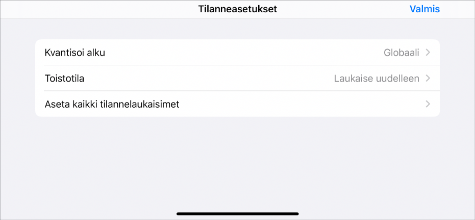 Tilanteen Asetukset-valikko.