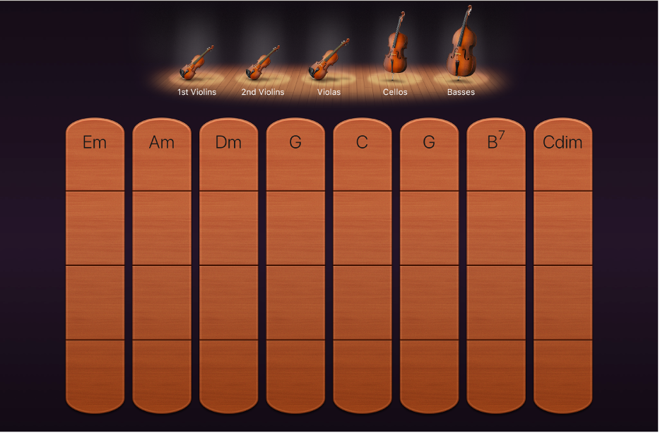 Abbildung. Darstellung „Akkord-Strips“ für Streichinstrumente.