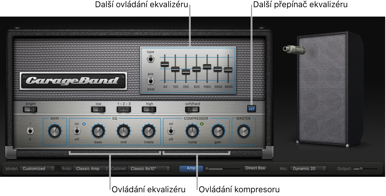 Bass Amp Designer s ovládacími prvky ekvalizéru a kompresoru