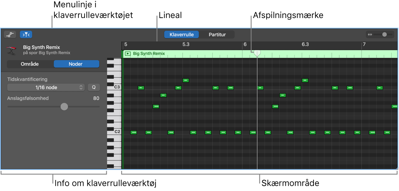 Klaverrulleværktøj med MIDI-nodebegivenhed.