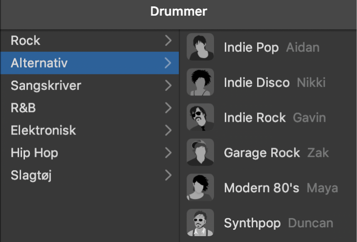 Vælg en genre i Drummer-værktøjet.