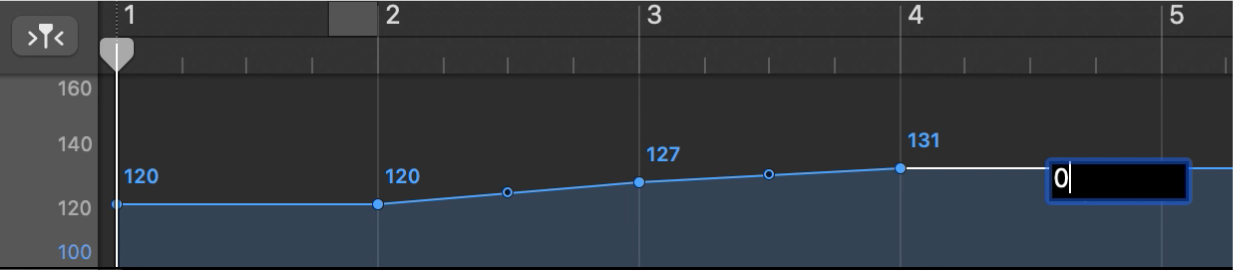 Tempo track, showing setting a tempo control point numerically.