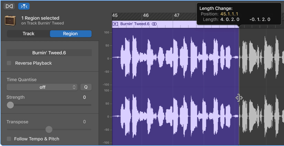 Trimming a region in the Audio Editor, showing the Trim pointer and Help tag.