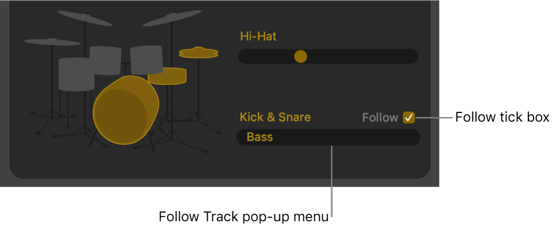 Drummer Editor showing Follow tick box and Follow Track pop-up menu.