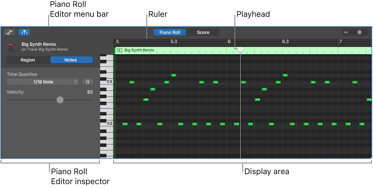 Piano Roll Editor, pointing out MIDI note event.