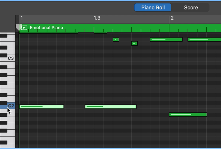 Selecting notes of same pitch by clicking on keyboard at left edge of Piano Roll Editor.