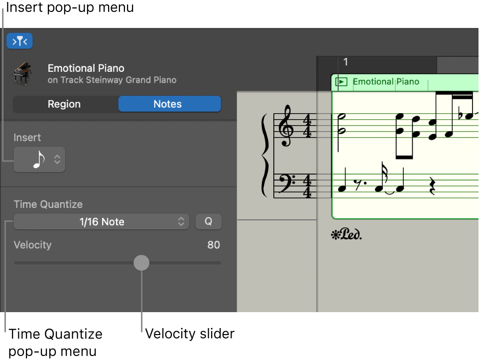 Score Editor inspector in Notes mode, showing controls.