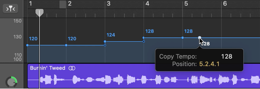 Tempo track,  showing Option-dragging to copy a tempo control point.