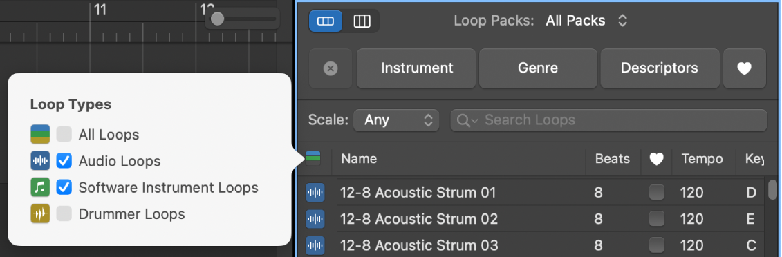 Using the Loop Types button to filter loop types.