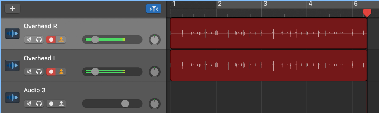 Showing recorded audio regions on two audio tracks in the Tracks area.