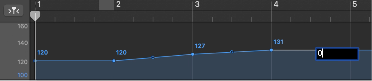 Tempo track, showing setting a tempo control point numerically.