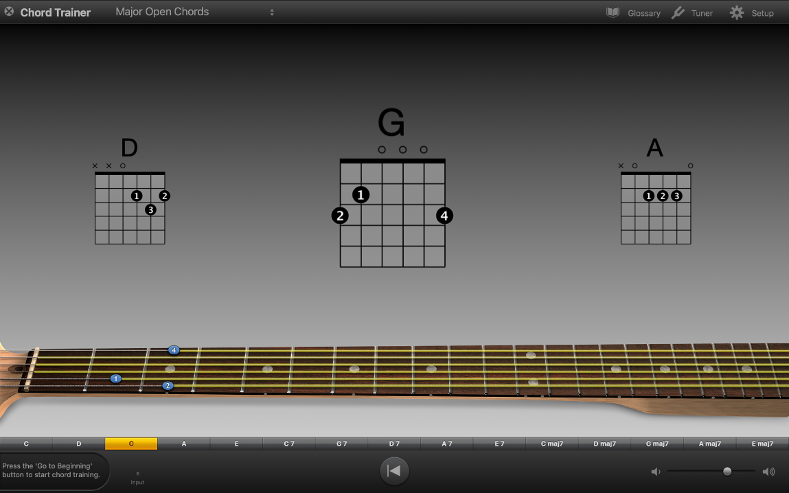 Chord Trainer showing practice chords.