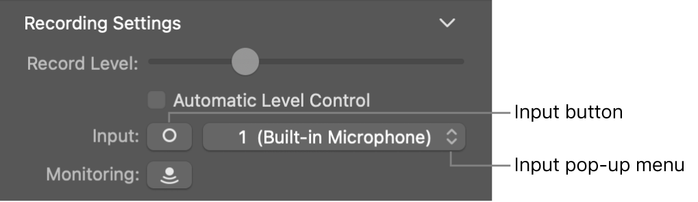 Input button and pop-up menu in the Smart Controls inspector.
