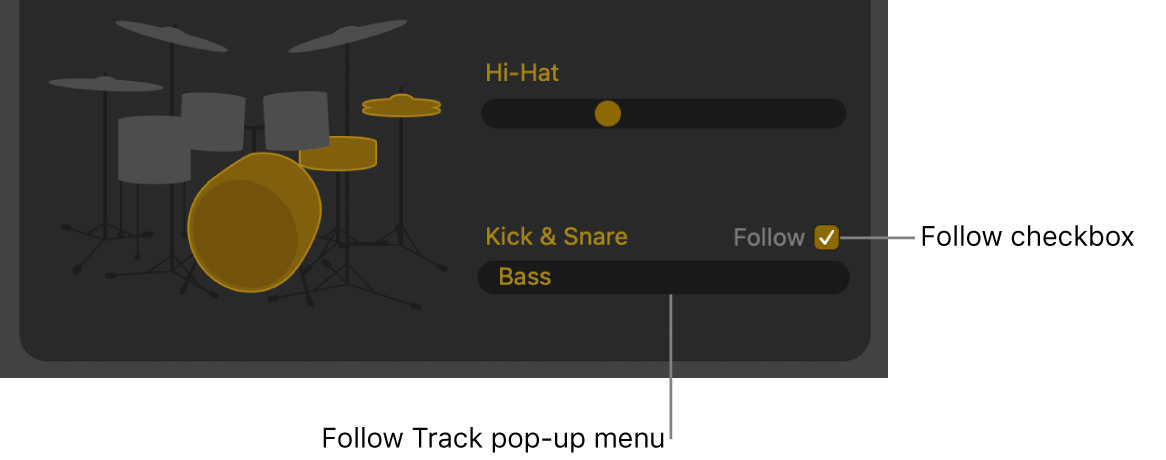 Drummer Editor showing Follow checkbox and Follow Track pop-up menu.
