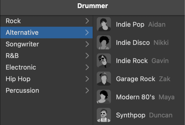 Choosing a genre in the Drummer Editor.