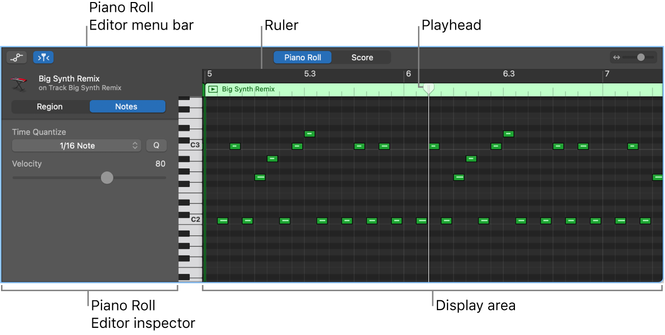 Piano Roll Editor, pointing out MIDI note event.