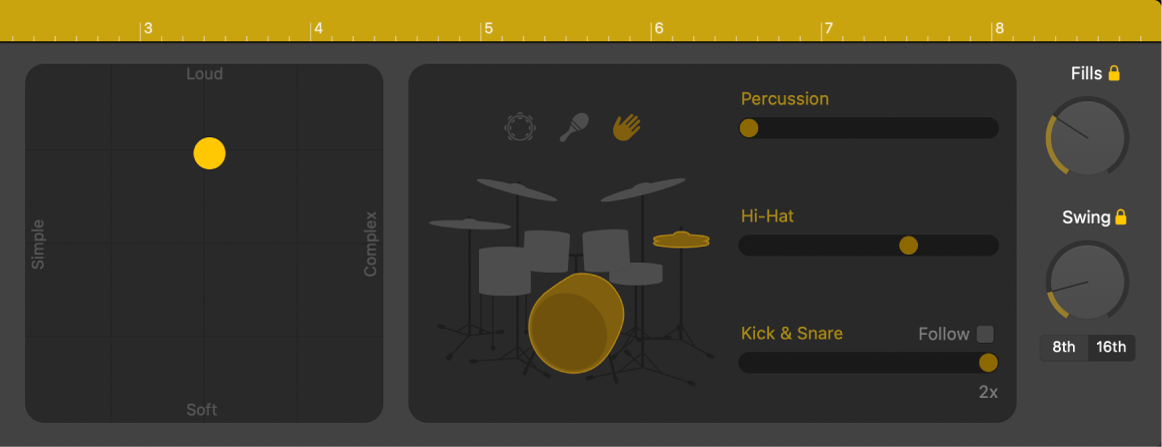 Drummer Editor showing performance controls.