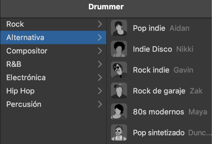 Selección de un género en el editor de batería.