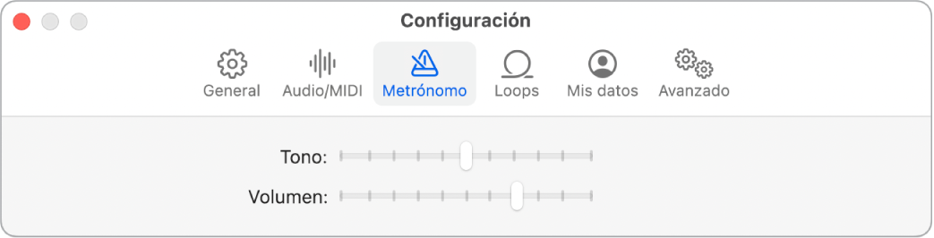 Panel de configuración Metrónomo