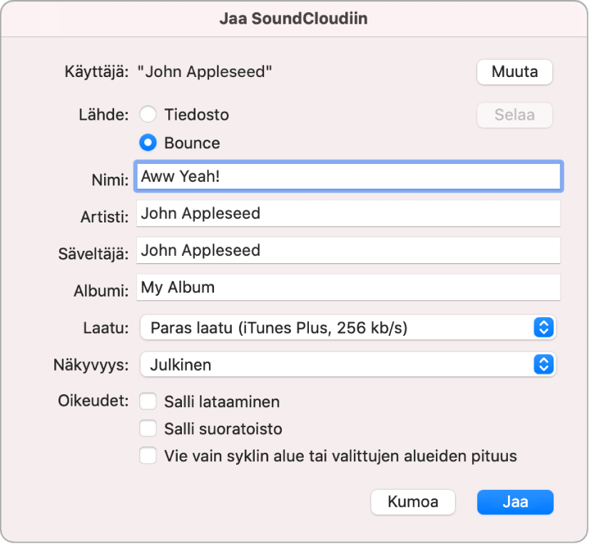 Jaa SoundCloudiin -valintaikkuna