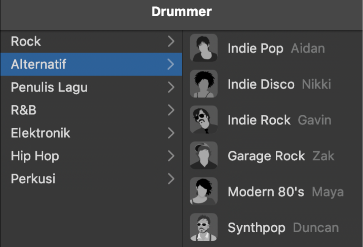 Memilih genre dalam Editor Drummer.