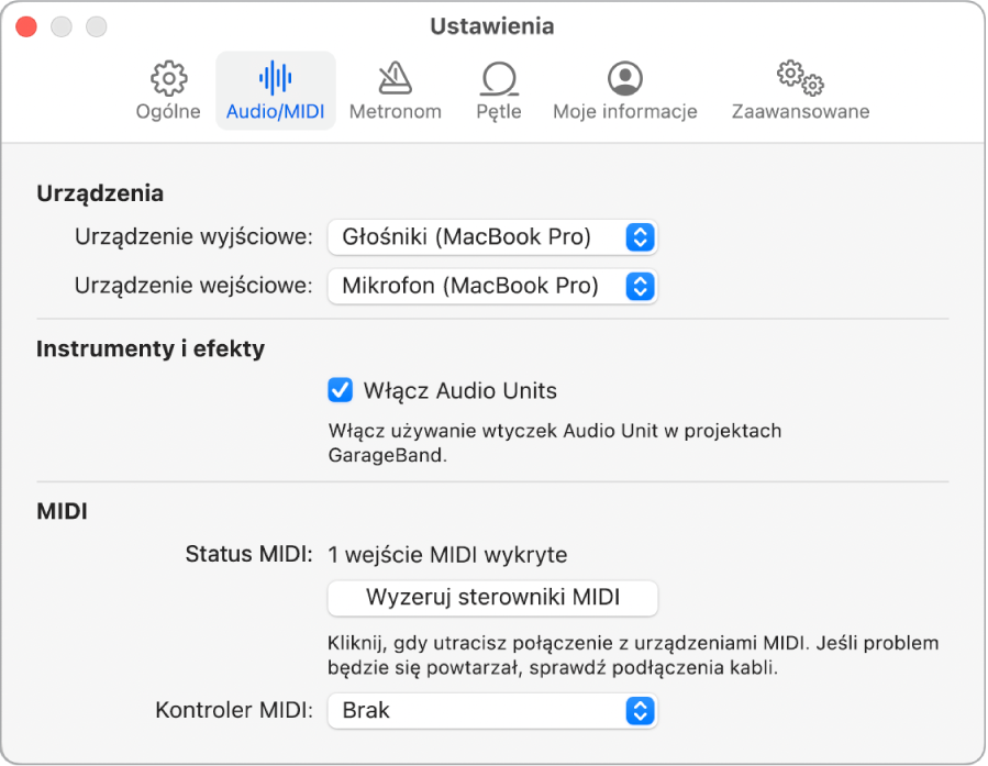 Panel ustawień Audio/MIDI.