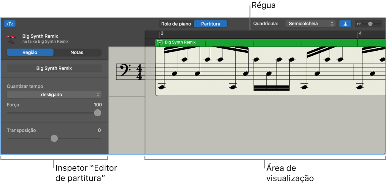 Editor de partitura a mostrar o inspetor e a área de visualização.