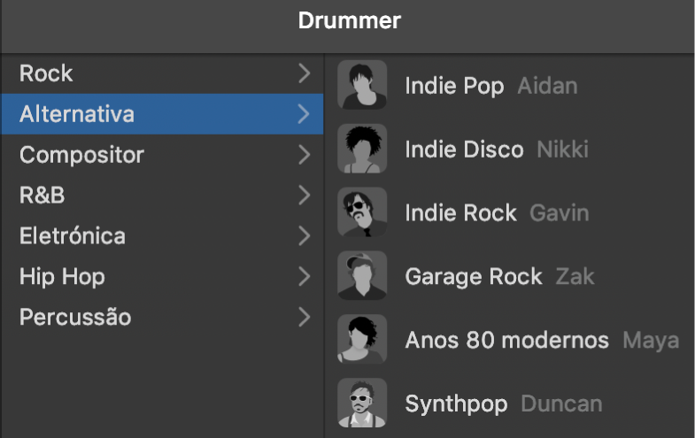 Seleção de um género no editor do Drummer.