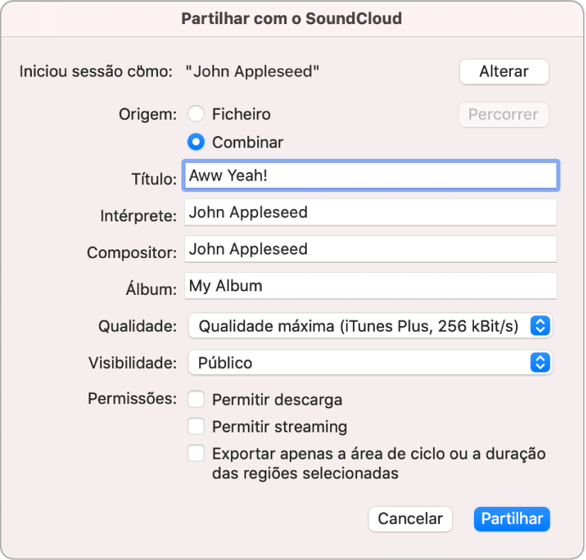 Caixa de diálogo “Música para o iTunes”.