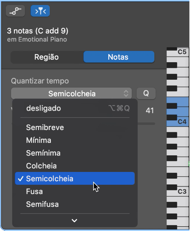 Seleção de um valor no menu pop-up “Quantizar tempo” no inspetor do editor de rolo de piano.