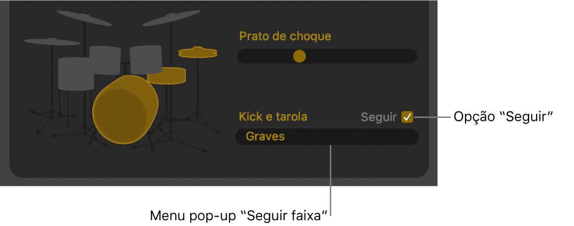 Editor do Drummer a ilustrar a opção “Seguir” e o menu pop-up “Seguir faixa”.