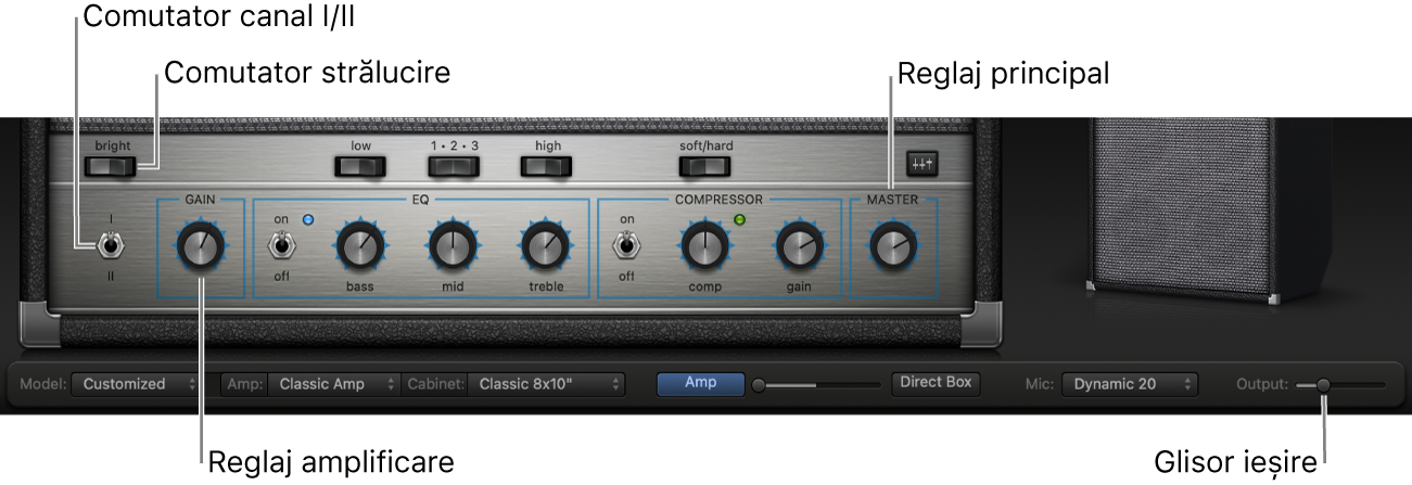 Comenzile amplificatorului Bass Amp Designer, inclusiv Bright switch, butonul Amplificare, Channel I and II switch și butonul Master.