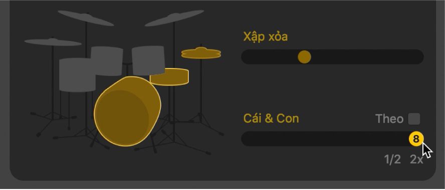 Trình sửa Drummer đang hiển thị biến thể nửa thời gian và gấp đôi thời gian.