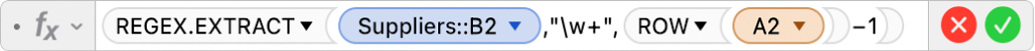 The Formula Editor showing the formula =REGEX.EXTRACT(Suppliers::B2,"\w+",ROW(A2)-1).