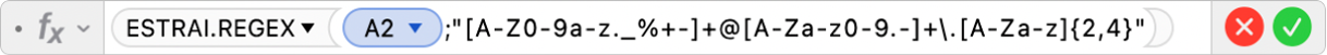 L'Editor di formule che mostra la formula =ESTRAI.REGEX(A2;"[A-Z0-9a-z._%+-]+@[A-Za-z0-9.-]+\.[A-Za-z]{2;4}”)