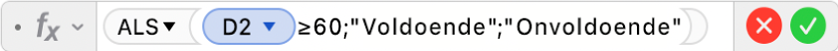 De formule-editor met de formule =ALS(D2≥60;"Voldoende";"Onvoldoende")).