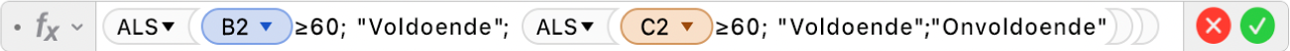 De formule-editor met de formule =ALS(B2≥60;"Voldoende"; ALS(C2≥60; "Voldoende";"Onvoldoende")).