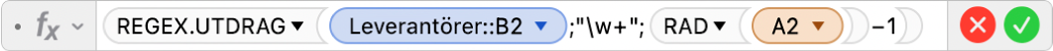 Formelredigeraren som visar formeln =REGEX.UTDRAG(Leverantörer::B2;"\w+",ROW(A2)-1).