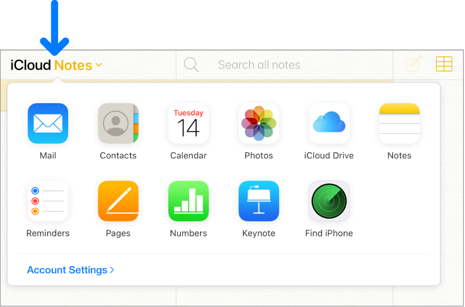 iCloud Notes is open and visible in the top-left corner of the iCloud window. The app switcher is also open and shows Mail, Contacts, Calendar, Photos, iCloud Drive, Notes, Reminders, Pages, Numbers, Keynote, Find iPhone and Account Settings.