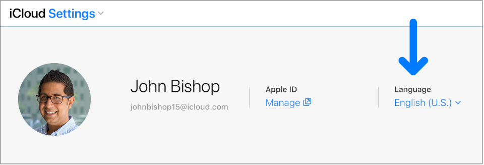 The top of the iCloud Settings window. An arrow points to the current language: English (U.S.).