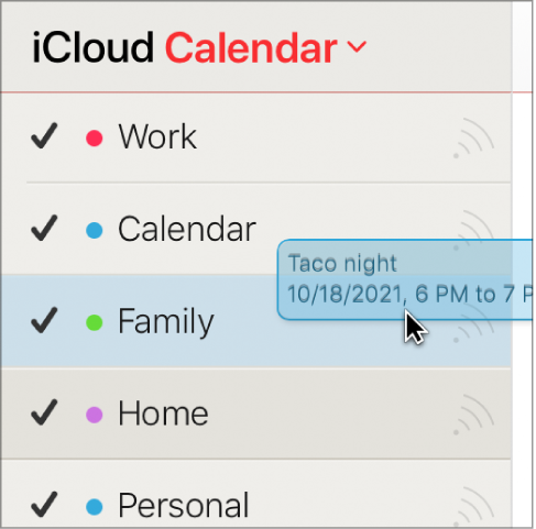 An event is dragged from one calendar to another. The new calendar is highlighted.