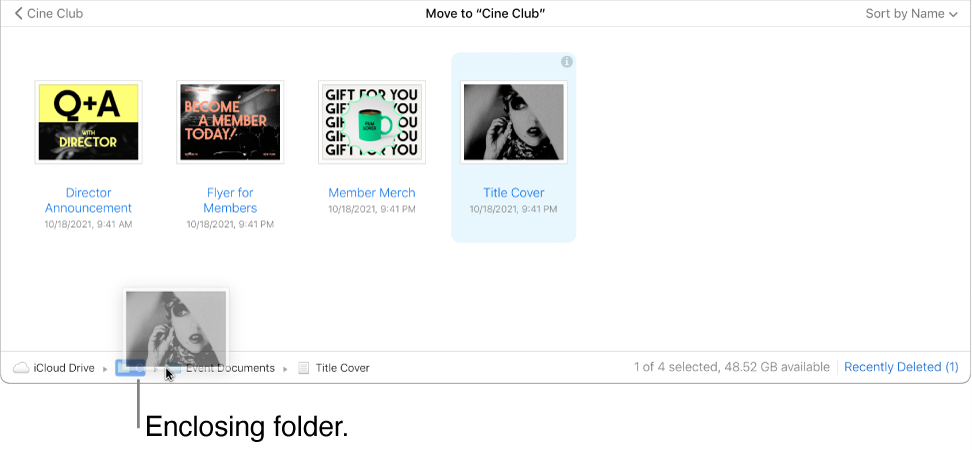 A file being dragged to an enclosing folder at the bottom of the iCloud Drive window on iCloud.com.