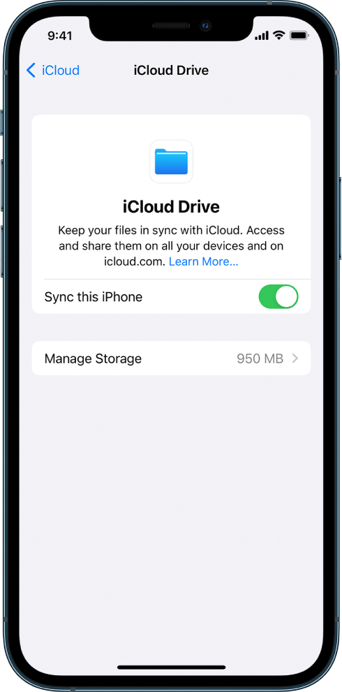 Kuvassa näkyy iCloud-asetusten iCloud Drive -näyttö. Synkronoi tämä iPhone on päällä.