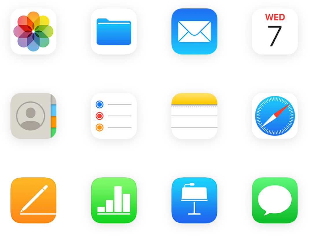 Uma grade de ícones de apps, incluindo Fotos, iCloud Drive, Mail e muito mais.