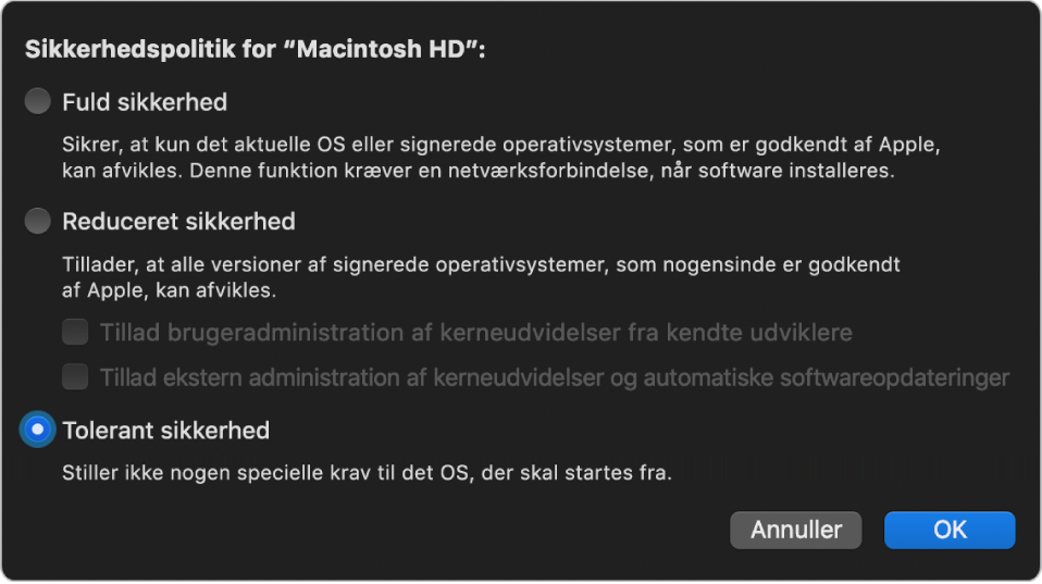 Et vindue til valg af sikkerhedspolitik i Startsikkerhedsværktøj, hvor politikken Permissiv sikkerhed er valgt for disken “Macintosh HD”.