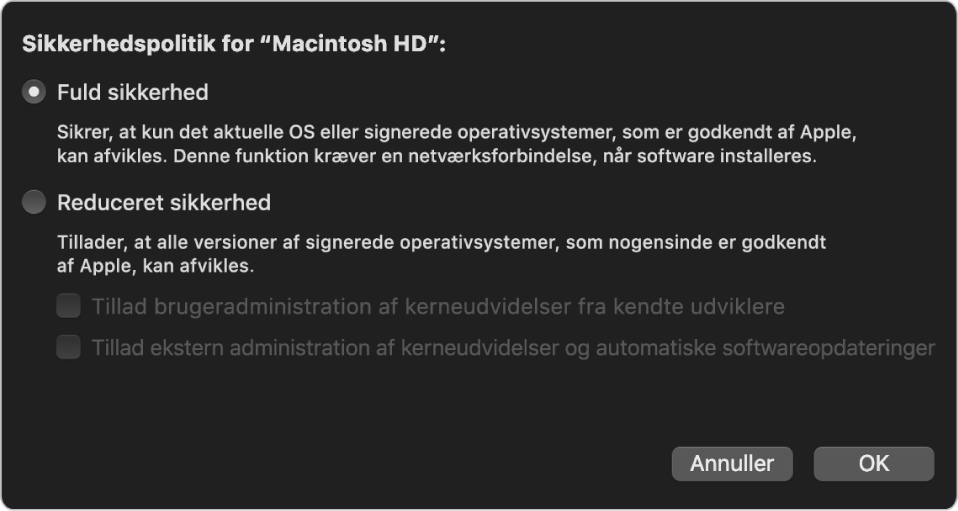 Et vindue til valg af sikkerhedspolitik i Startsikkerhedsværktøj, hvor Fuld sikkerhed er valgt for disken “Macintosh HD”.