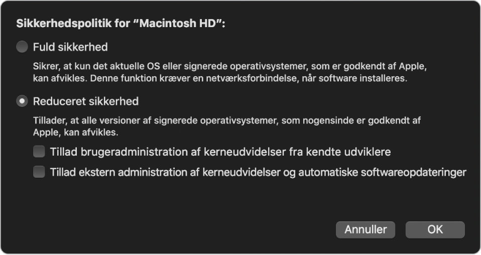 Et vindue til valg af sikkerhedspolitik i Startsikkerhedsværktøj, hvor politikken Reduceret sikkerhed er valgt for disken “Macintosh HD”.