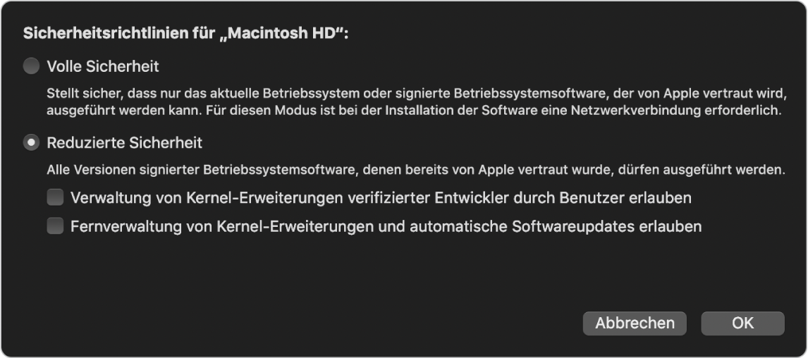 Ein Auswahlfenster für eine Sicherheitsrichtlinie im Startsicherheitsdienstprogramm, in dem die Richtlinie „Reduzierte Sicherheit“ für das Volume „Macintosh HD“ ausgewählt ist