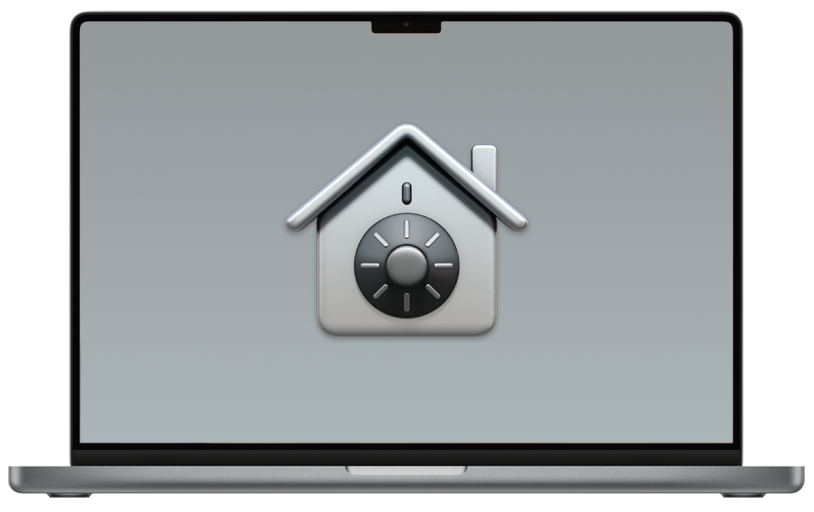 Ein geöffneter Mac-Laptop mit dem Symbol für FileVault.