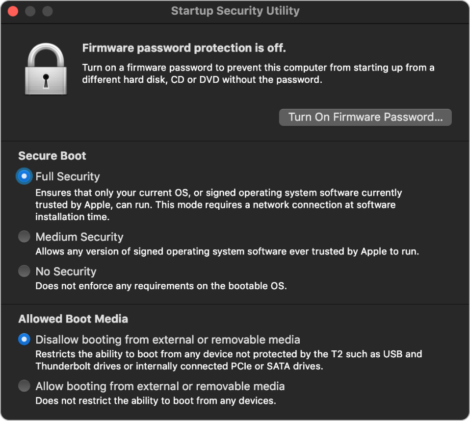The Startup Security Utility main window, showing a note about firmware password protection, followed by three security options under the “Secure Boot” section and two security options under the “Allowed Boot Media” section.